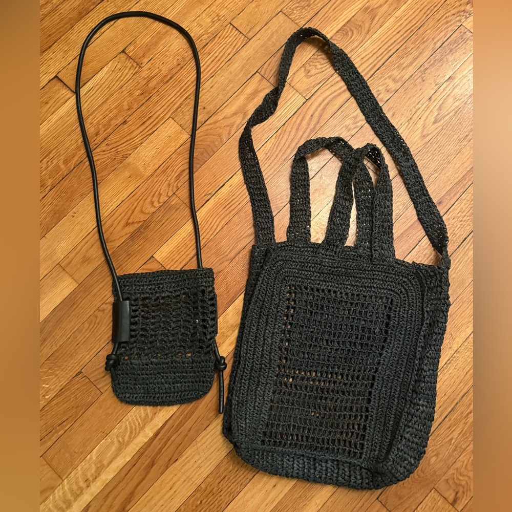 Black raffia unisex Bags Set tote+ cross body